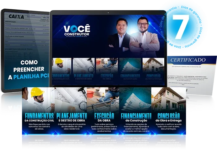 Plataforma do Você Construtor no notebook e no tablet, com os cinco módulos, o certificado e o selo de 7 dias de garantia
