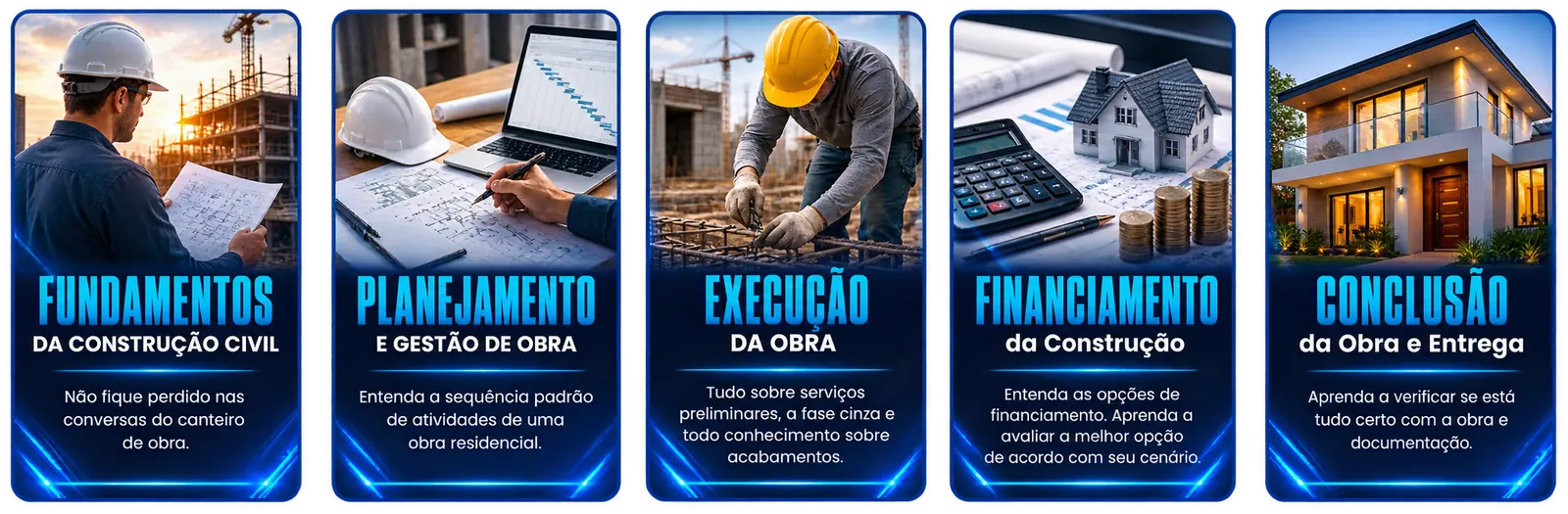 Os cinco módulos do Você Construtor: Fundamentos da Construção Civil, Planejamento e Gestão de Obra, Execução da Obra, Financiamento da Construção e Conclusão da Obra e Entrega