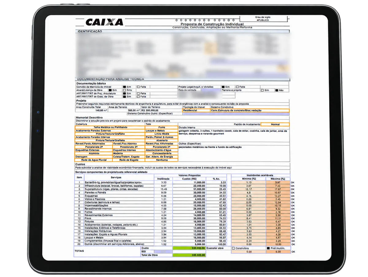 Aula sobre como preencher a Proposta de Construção Individual da Caixa, aberta num tablet